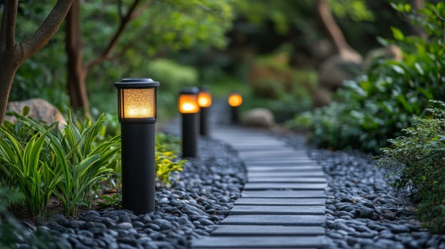 A pathway with several lights and rocks photo