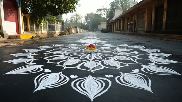 A flower is painted on the street photo
