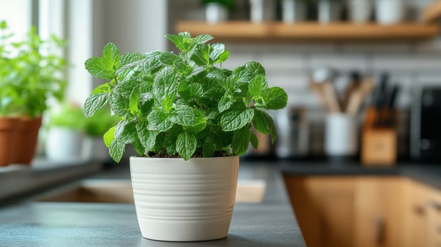 A potted plant on a kitchen counter photo