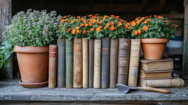 A group of old books and potted plants photo