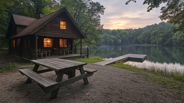 A wooden cabin sits next to a lake photo