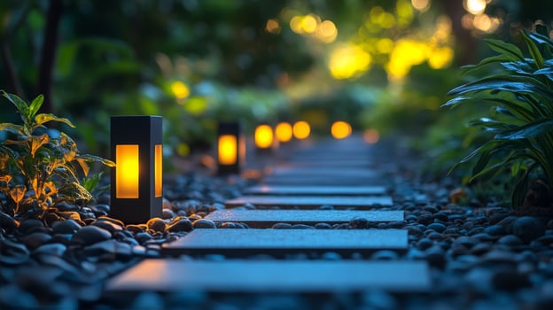 A pathway with several lamps on it photo