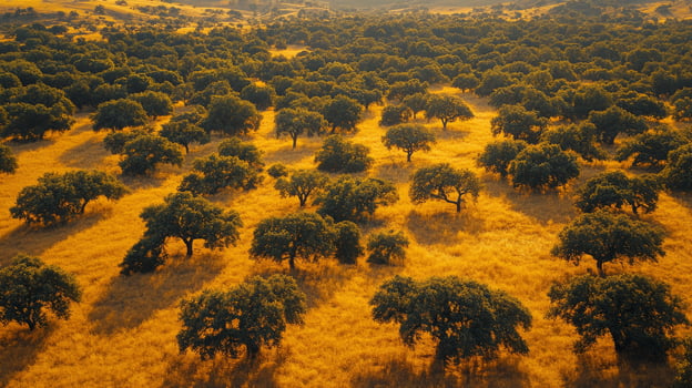A field of trees with yellow grass photo