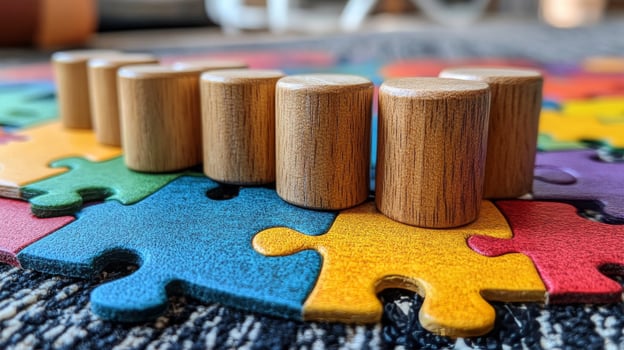 A colorful puzzle piece with wooden blocks on top photo