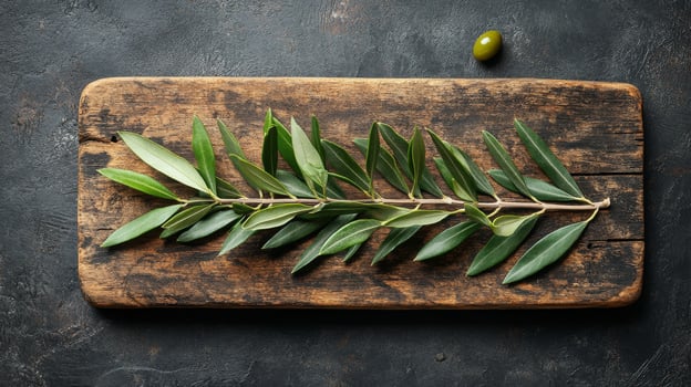 Olive branch on a wooden cutting board with olives on the side photo