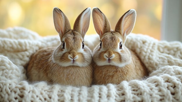Two rabbits sitting in a blanket photo