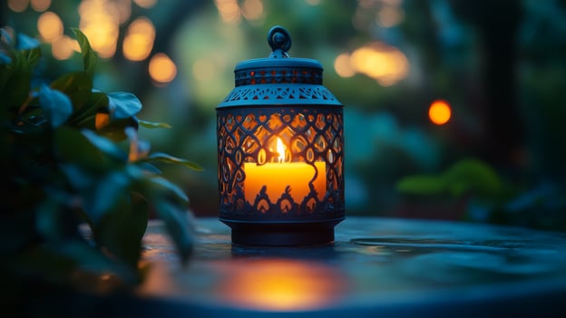 A candle is lit in a lantern on a table photo