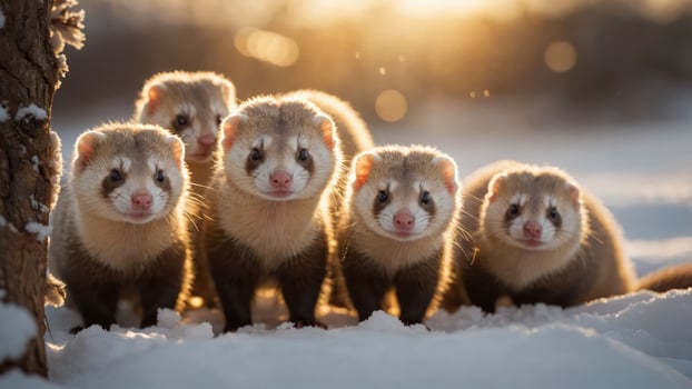 A group of five ferrets standing together in a snowy landscape during sunset. photo