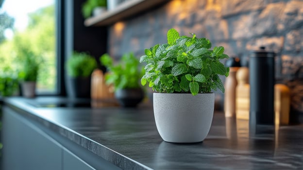 A potted plant on a counter in a kitchen photo