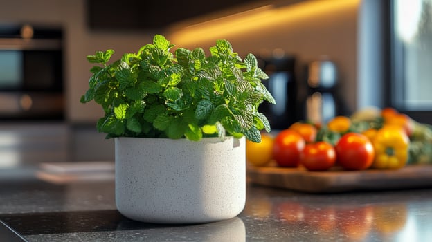 A plant in a white pot on a counter photo