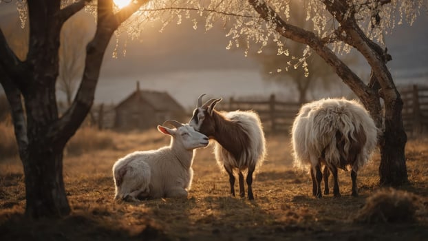 A serene scene of goats and a sheep in a sunlit pasture with trees and a rustic background. photo