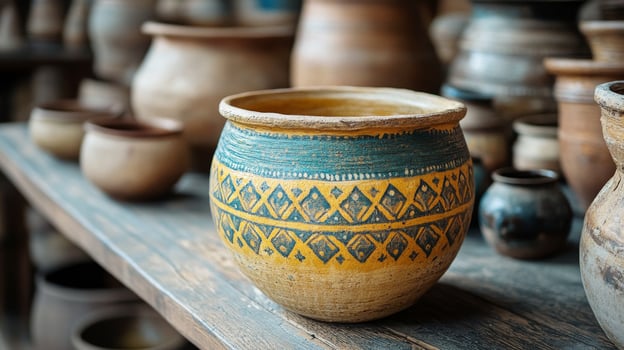 A row of vases on a wooden shelf photo