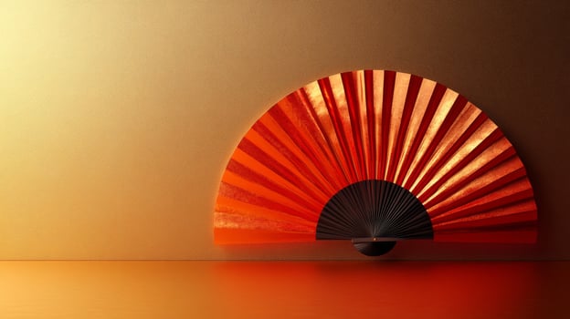 A red and black fan sitting on a table photo
