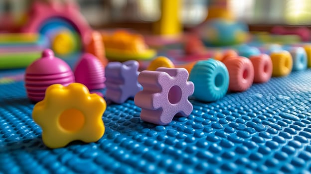Colorful plastic toys on a blue surface photo