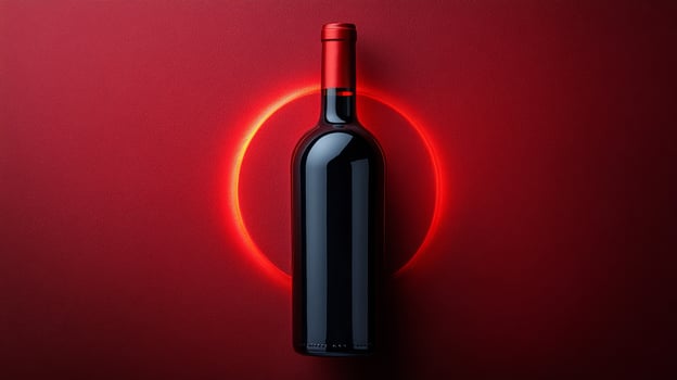 A bottle of red wine on a red background photo