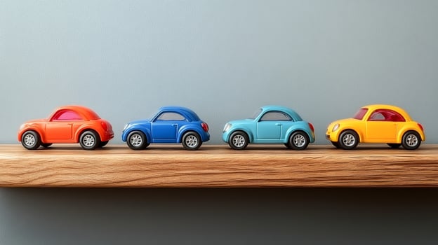 Colorful toy cars on a shelf photo