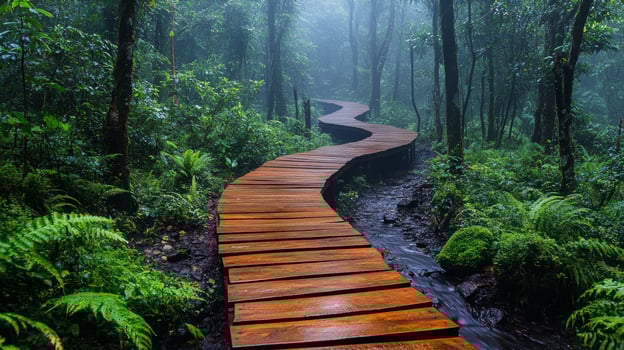 A wooden path in the jungle photo
