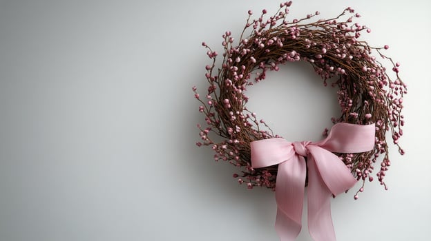 A wreath with pink ribbon and berries on a white wall photo