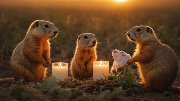 Three prairie dogs gather around candles, holding a small white animal at sunset. photo