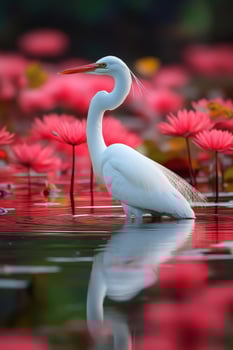 White heron standing in water with pink water lilies photo