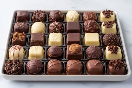 Box of assorted gourmet chocolates displaying variety photo