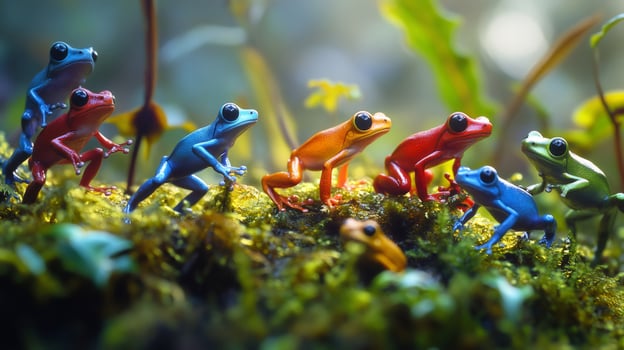 Colorful poison dart frogs standing on moss in rainforest photo
