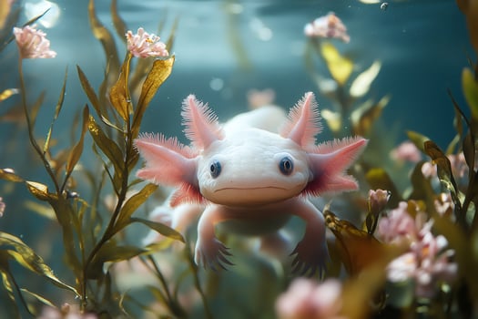 Leucistic axolotl swimming in aquarium with aquatic plants and flowers photo