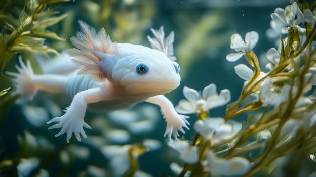 White axolotl swimming near aquatic plants in aquarium photo