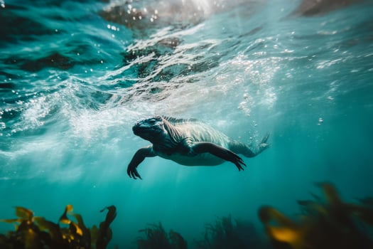 Marine iguana swimming in the ocean near galapagos islands photo