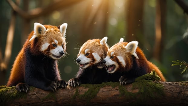Three red pandas playfully interacting on a log in a lush forest setting. photo