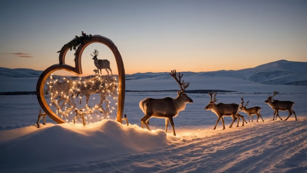 A serene winter landscape featuring illuminated reindeer and a heart-shaped display at sunset. photo