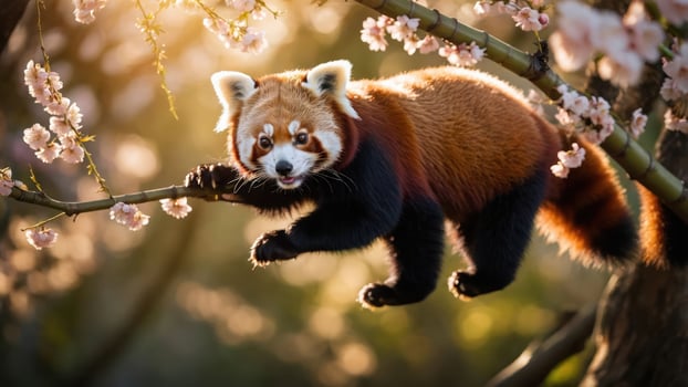 A red panda playfully climbs a branch adorned with cherry blossoms in a warm, glowing setting. photo