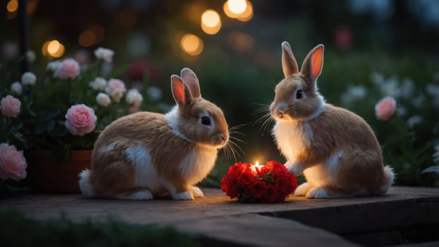 Two rabbits sit beside a candle and roses in a serene garden setting. photo