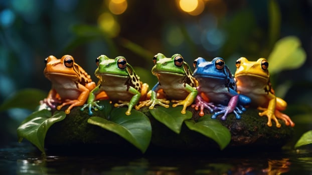 A vibrant display of colorful frogs sitting on a leaf in a lush environment. photo