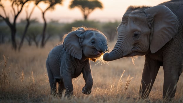 A playful baby elephant interacts with its mother in a serene natural setting during sunset. photo