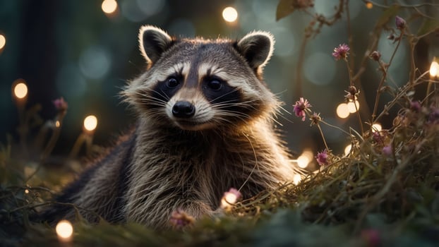 A raccoon resting in a serene setting adorned with soft lights and flowers. photo