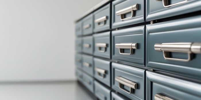 A row of metal drawers with silver handles photo