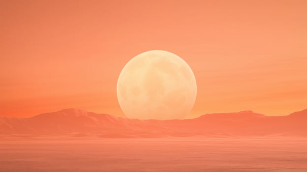 Moonlit Martian Landscape with Rover Exploring Surface Under Large Celestial Glow in Sunset Atmosphere and Barren Terrain of Distant Planetary Horizon in Vast Open Space photo