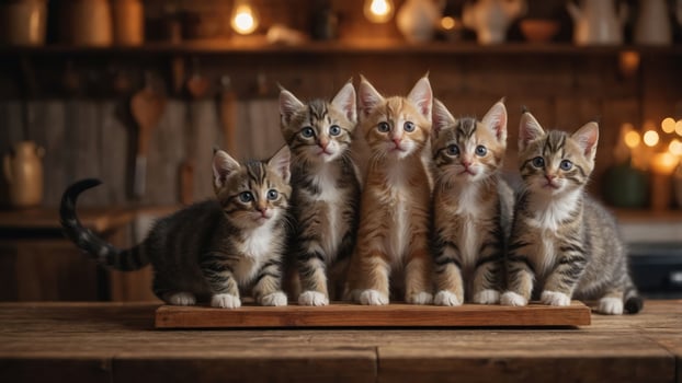 Five adorable kittens sitting together on a wooden surface in a cozy setting. photo
