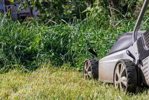 The wheels of an electric lawn mower against the background of a blurred dense growing and mowed green grass. photo