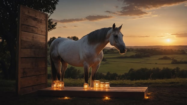 A serene horse stands by candles at sunset, creating a tranquil and magical atmosphere. photo