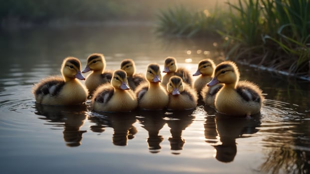 A group of ducklings swimming together in a serene pond at sunrise. photo