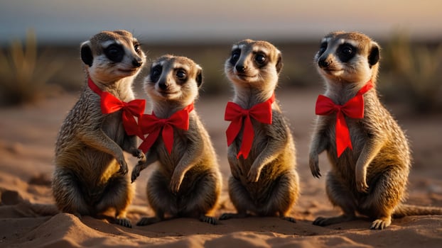 Four meerkats wearing red bows in a desert setting, showcasing a playful scene. photo