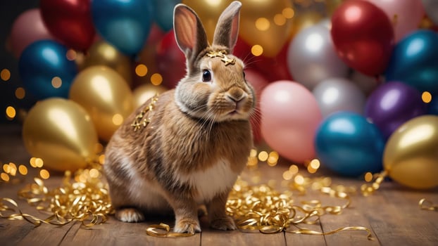 A festive rabbit surrounded by colorful balloons and decorations, celebrating a joyful occasion. photo