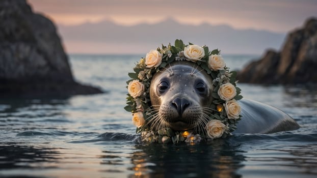 A seal adorned with a floral crown swims in serene waters at sunset. photo