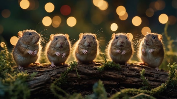 Five adorable hamsters posed on a log with a bokeh background. photo