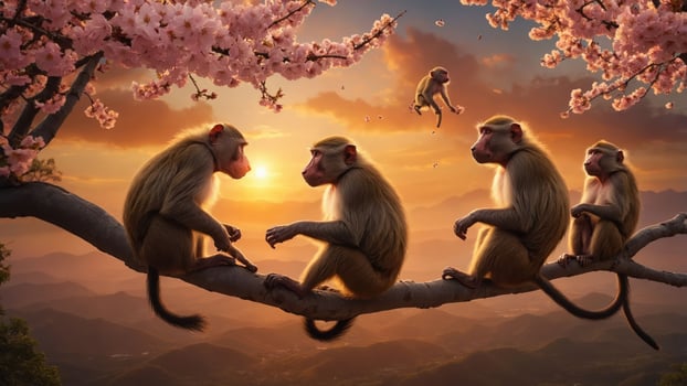 A group of monkeys sitting on a branch during sunset, surrounded by cherry blossoms. photo