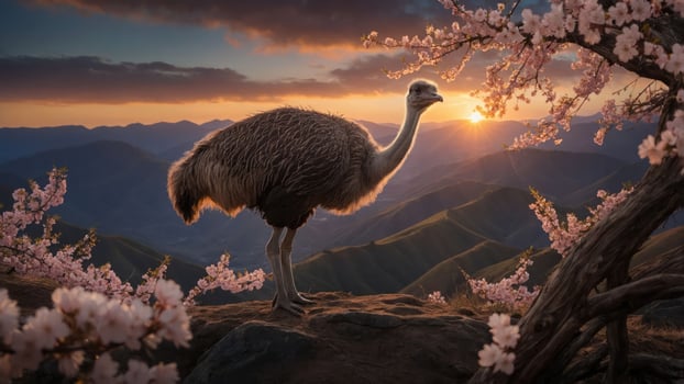 An ostrich stands among cherry blossoms at sunset, with mountains in the background. photo