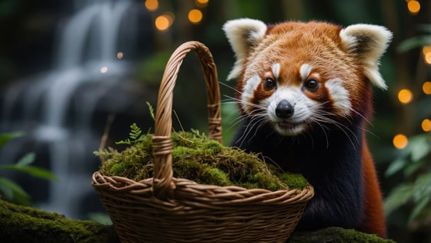 A red panda beside a basket filled with moss in a lush, green forest setting. photo