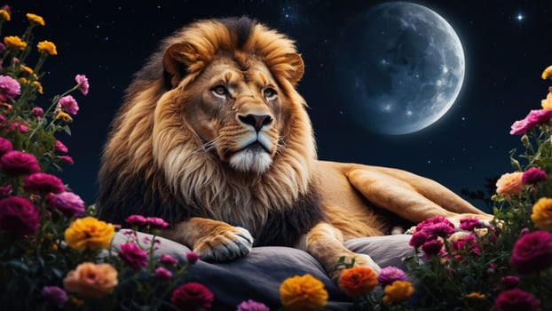 A majestic lion rests among colorful flowers under a starry night sky. photo